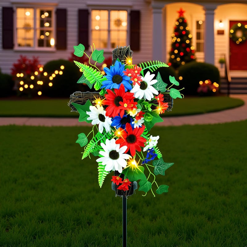 YULETIME Red White & Blue Garden Cross Stake, Solar Powered with Fairy Lights, Metal Cross, Natural Rattan, Red White & Blue Daisies Patriotic Theme Decoration - Image 5